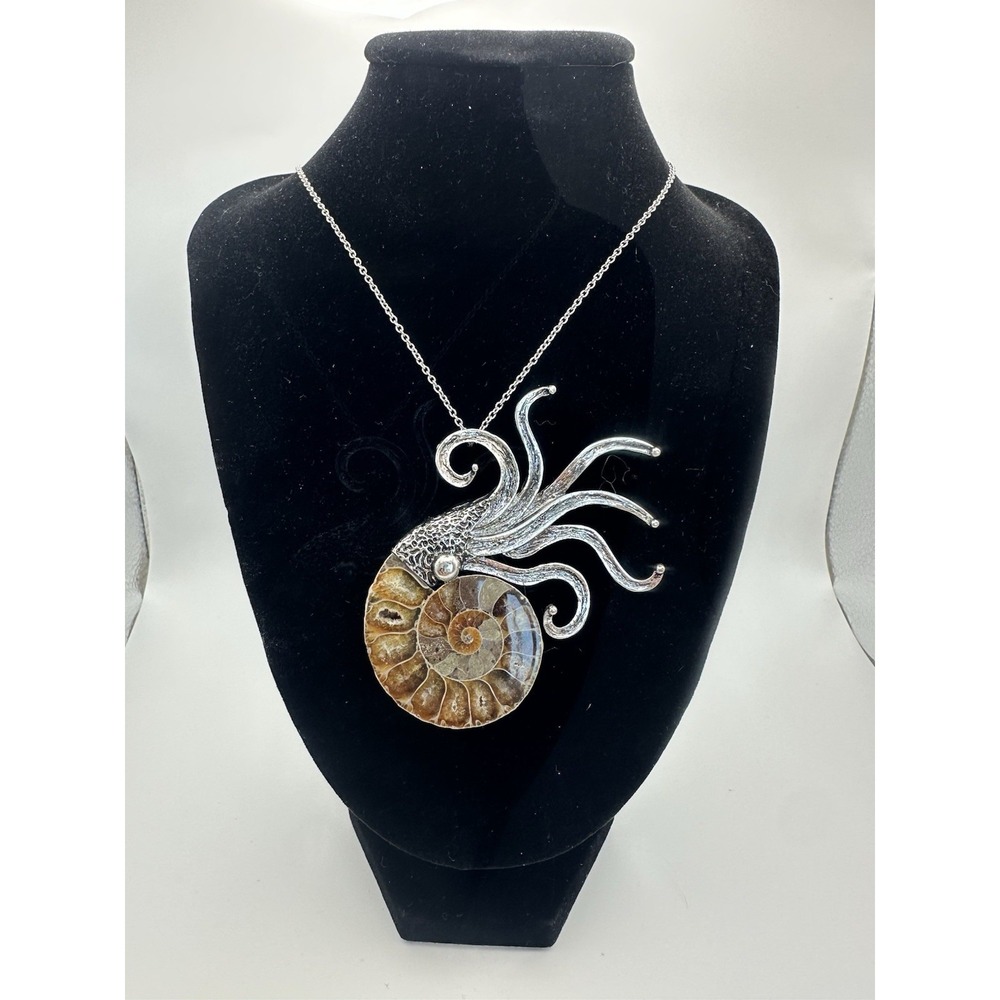Vintage Octopus Ammonite fossil Pendant Necklace Silver Kraken Steampunk Sea